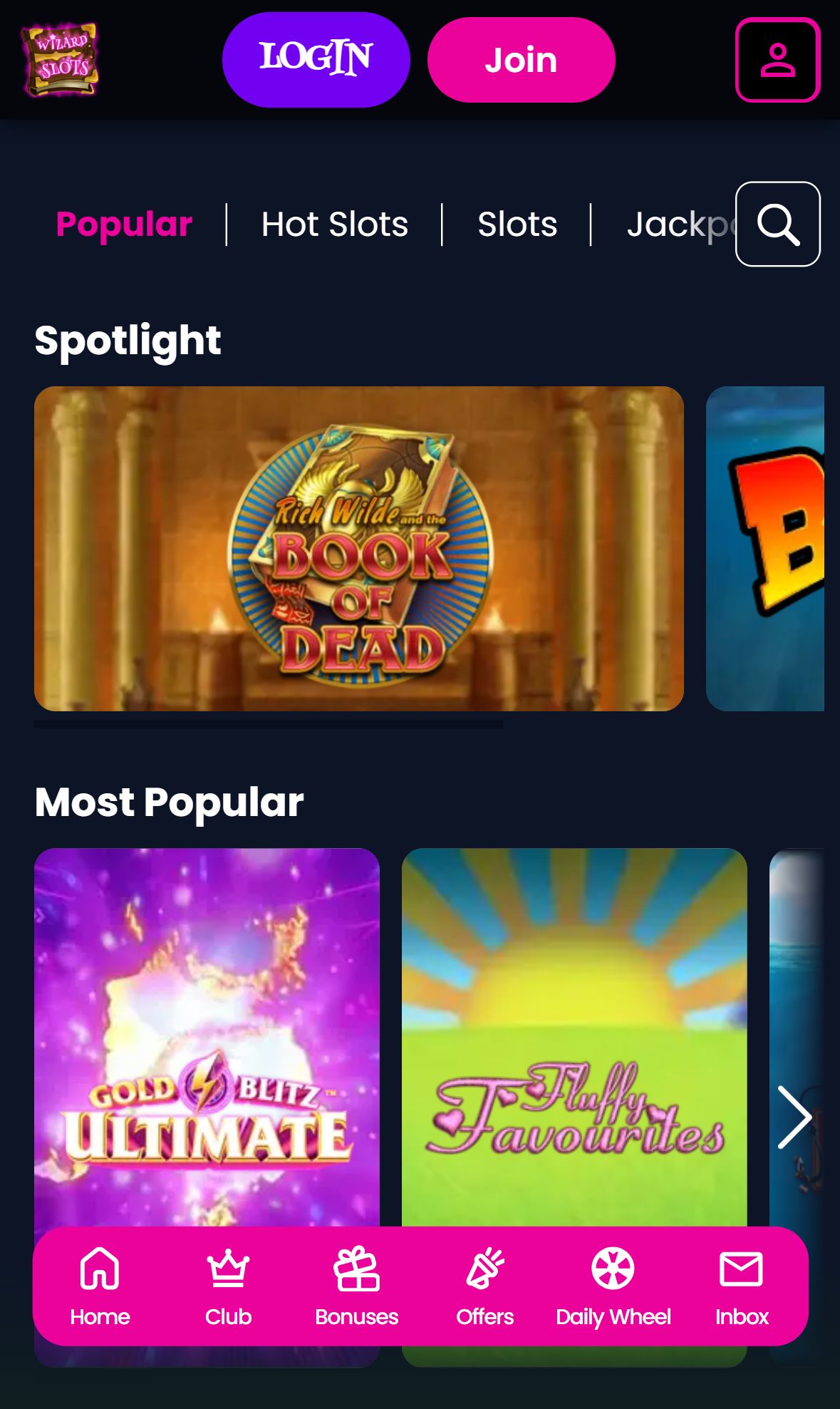 Wizard Slots — Lobby (Mobile)