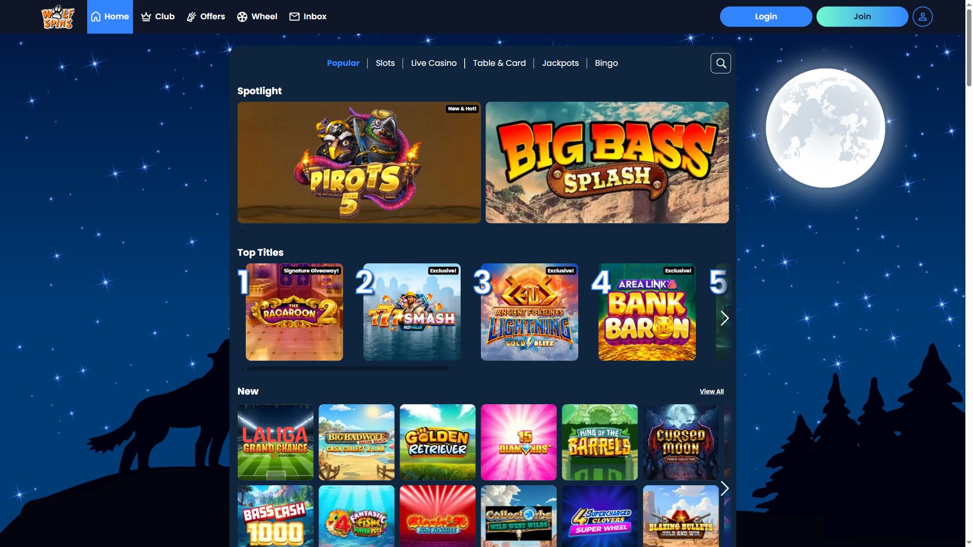 Wolf Spins — Lobby (Desktop)