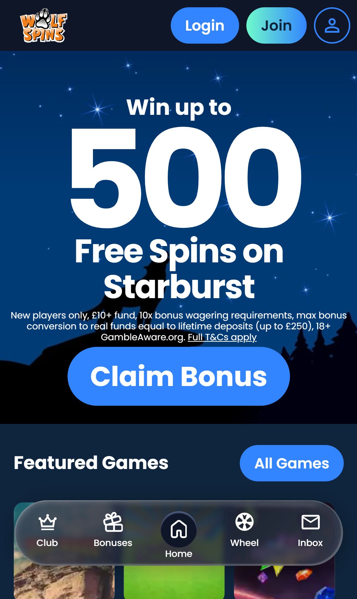 Wolf Spins — Homepage (Mobile)