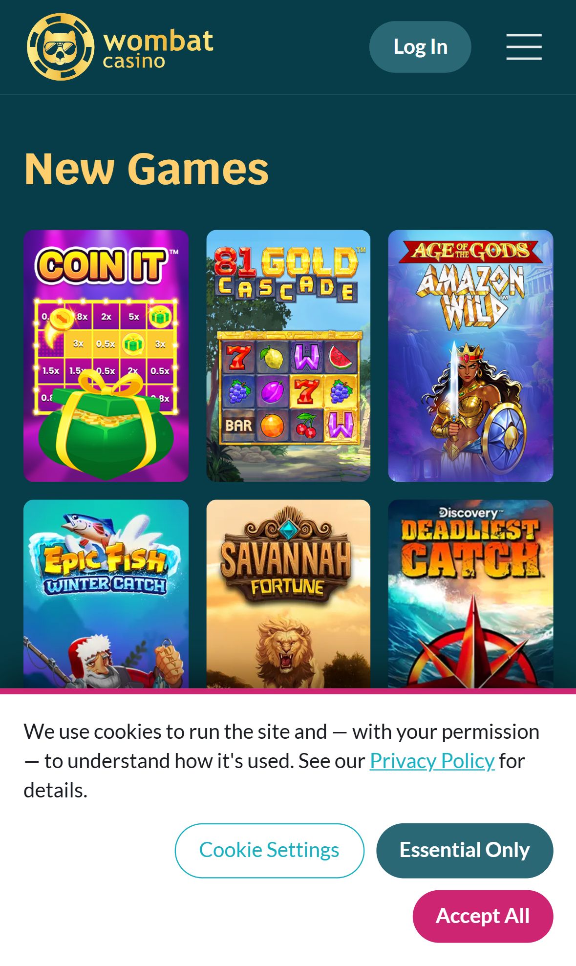 Wombat Casino — Lobby (Mobile)