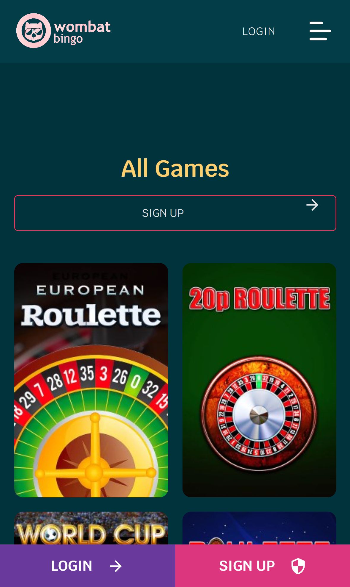 Wombat Bingo — Lobby (Mobile)
