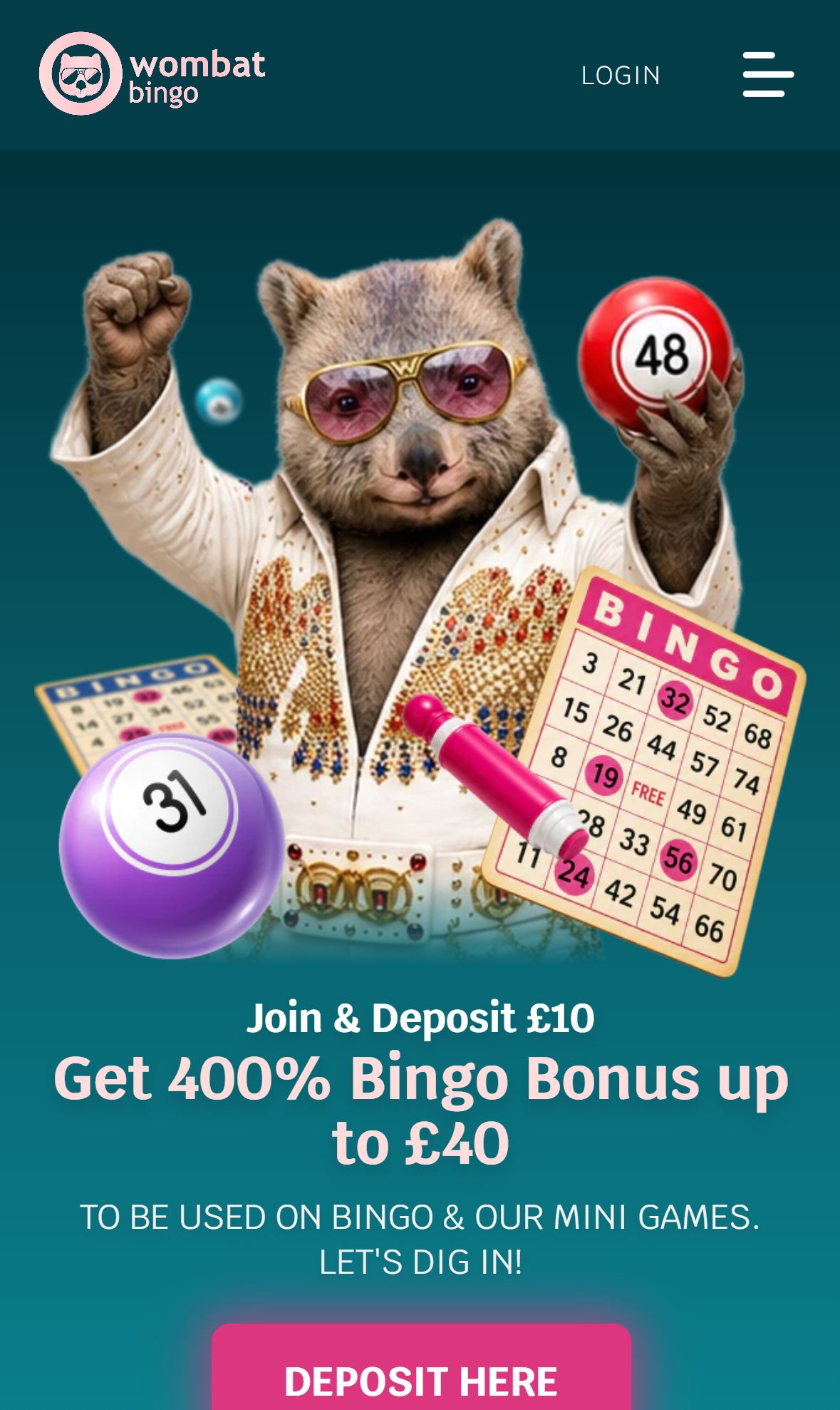 Wombat Bingo — Homepage (Mobile)