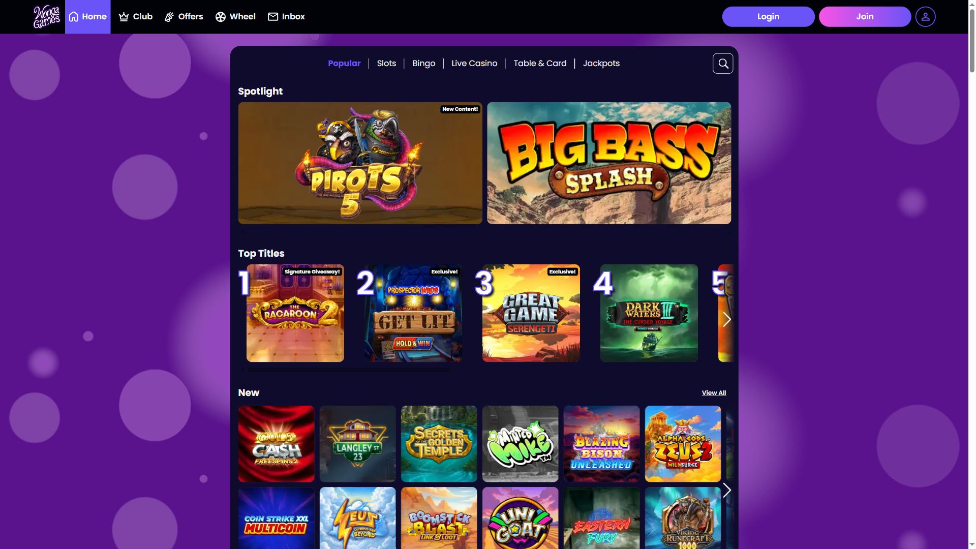 Wonga Games — Lobby (Desktop)