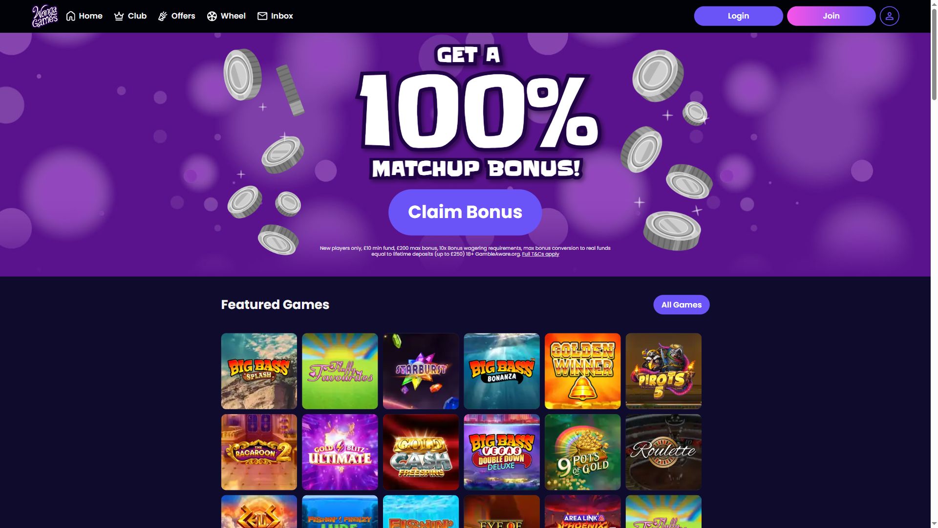 Wonga Games — Homepage (Desktop)