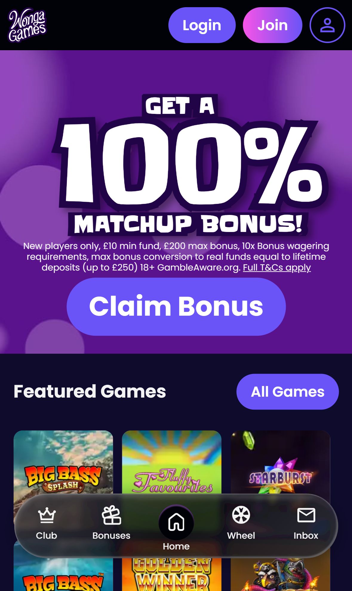 Wonga Games — Homepage (Mobile)