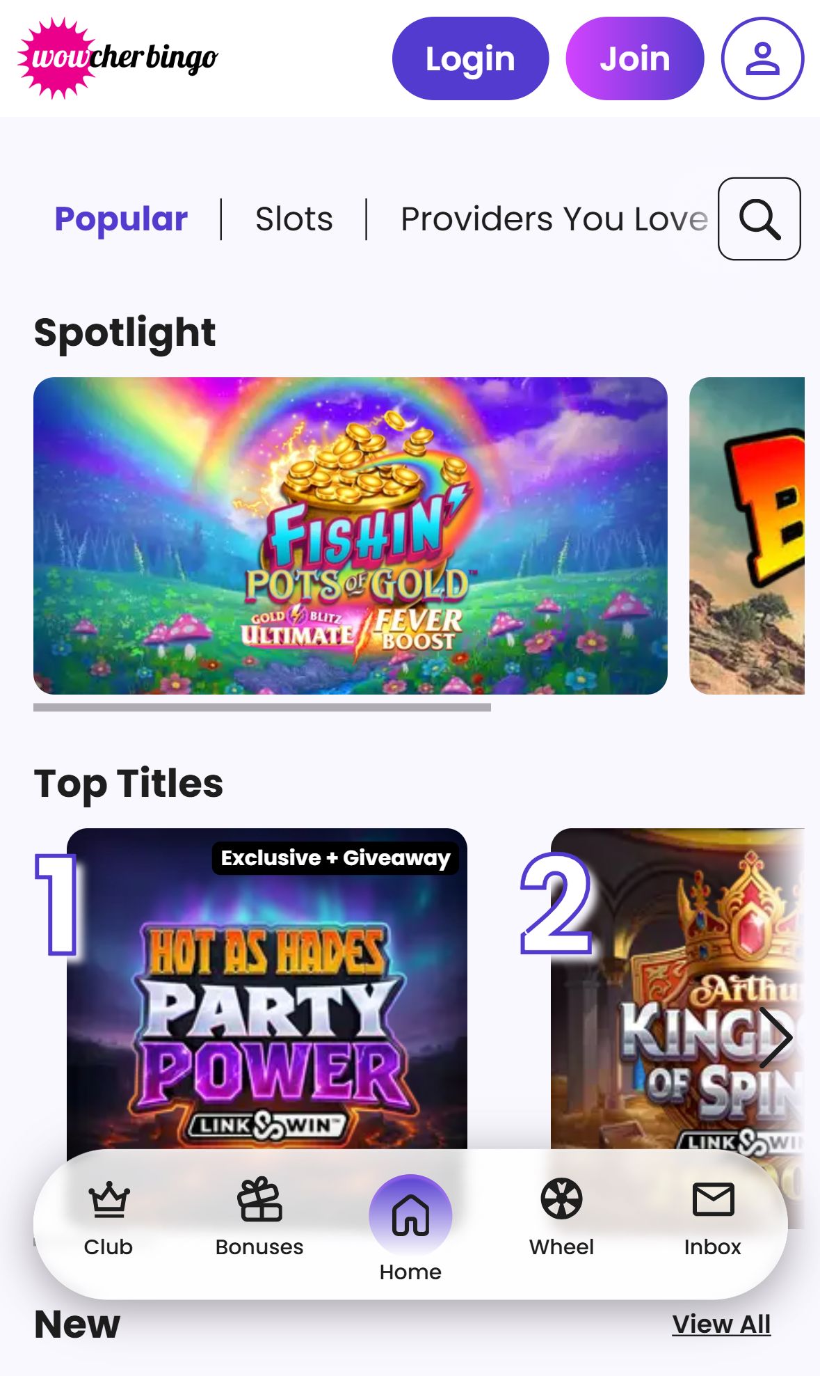 Wowcher Bingo — Lobby (Mobile)