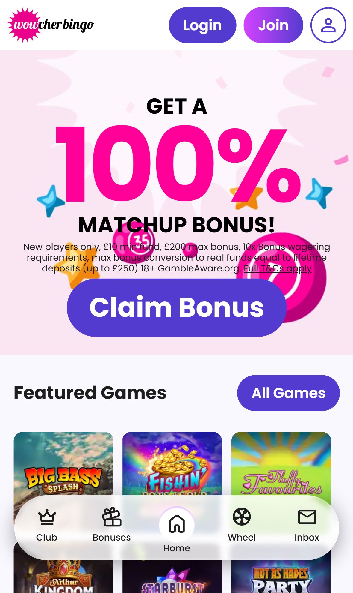 Wowcher Bingo — Homepage (Mobile)