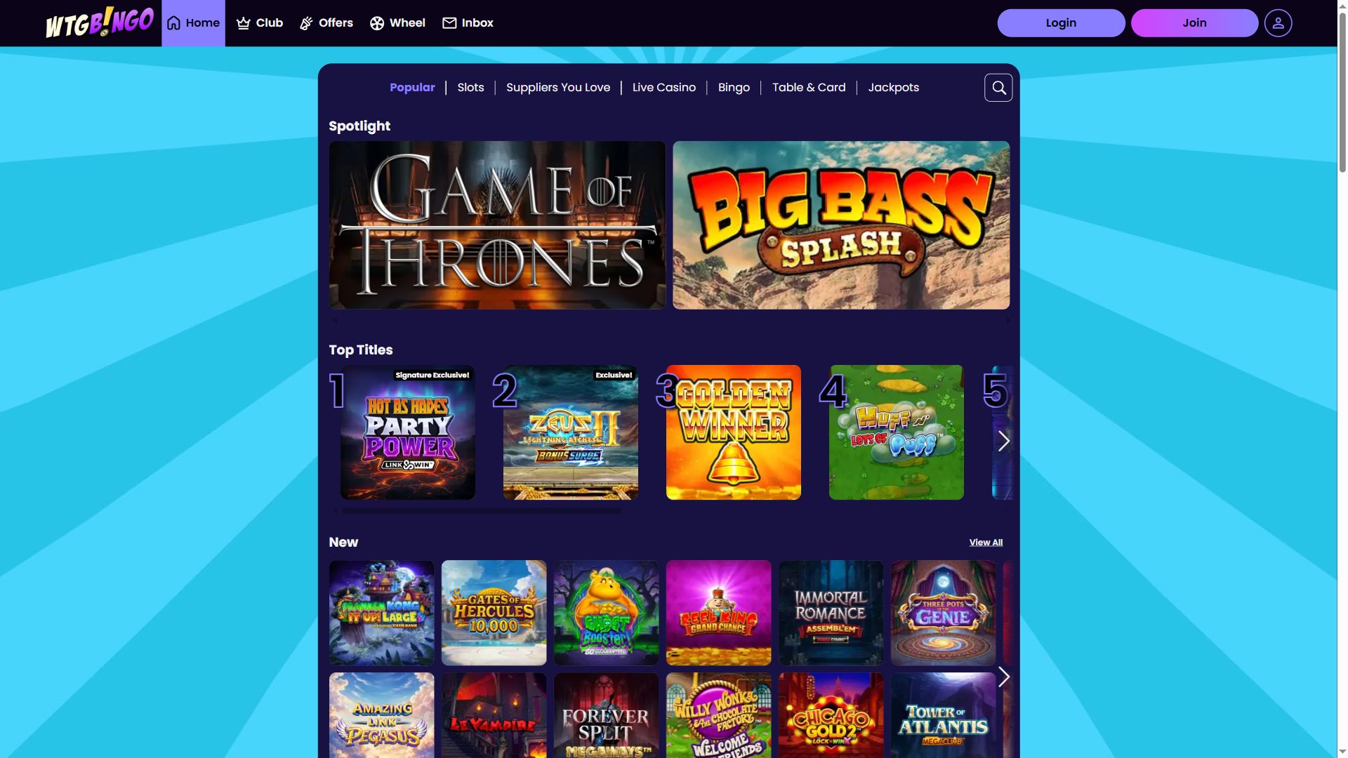 WTG Bingo — Lobby (Desktop)