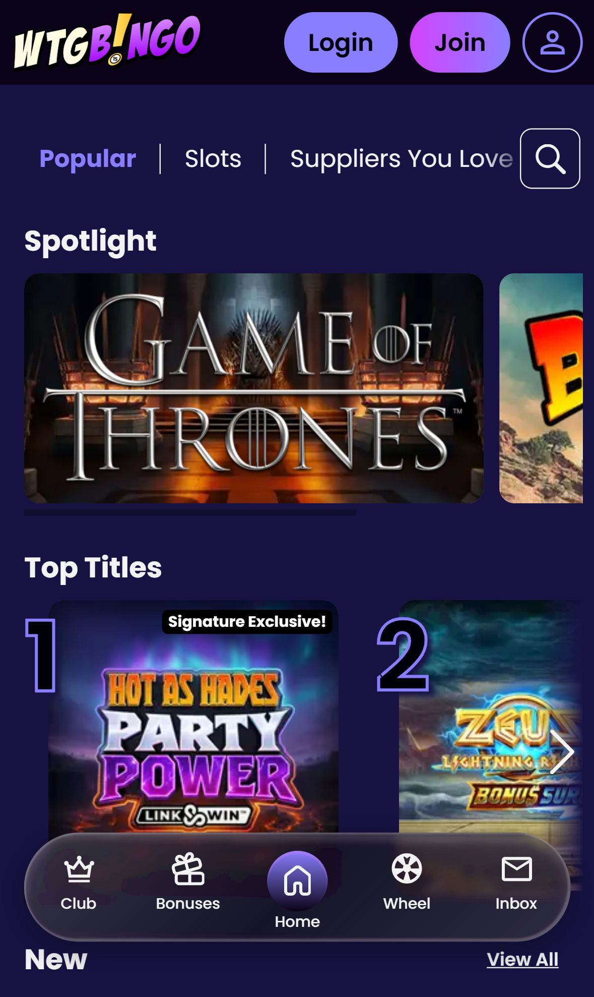 WTG Bingo — Lobby (Mobile)