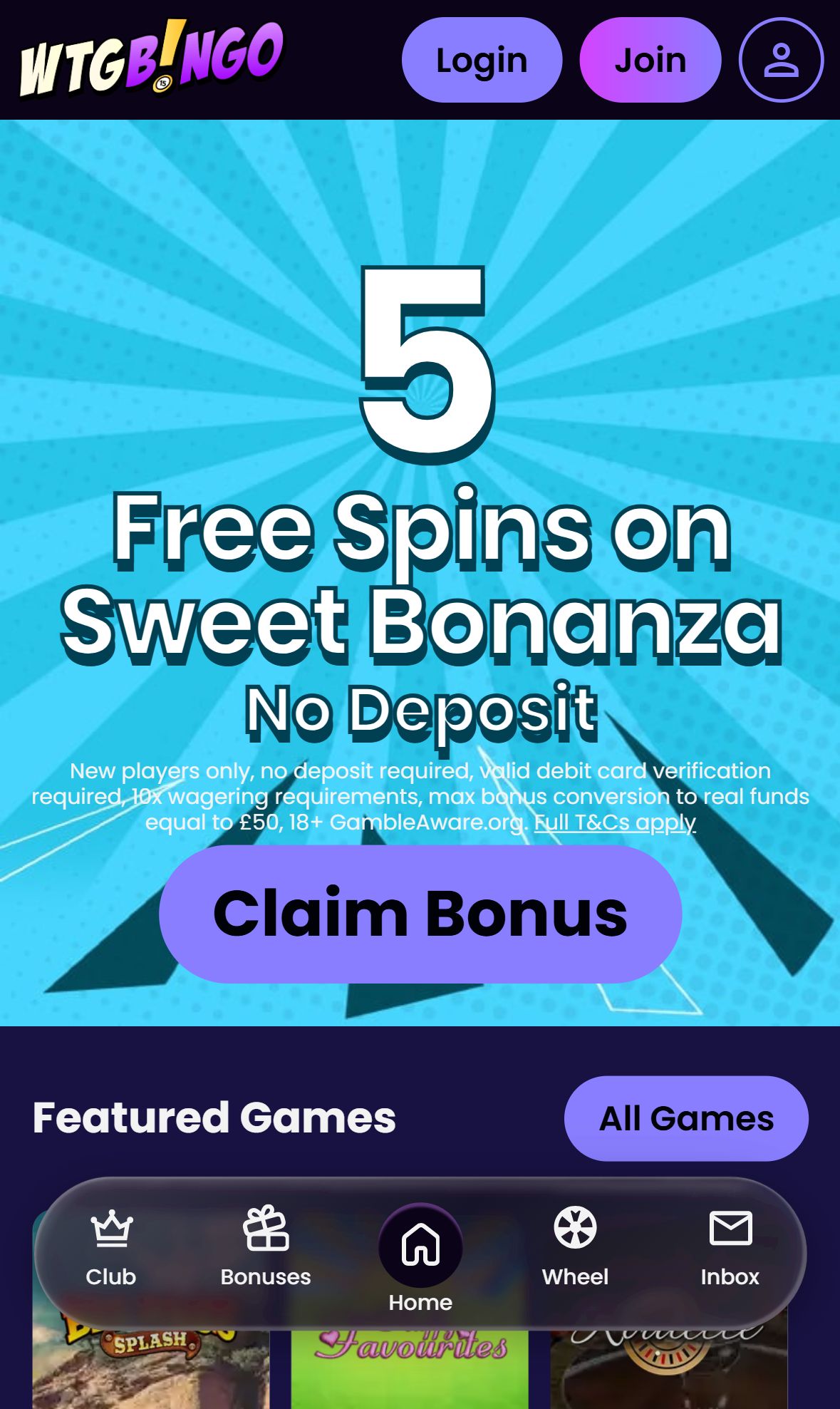 WTG Bingo — Homepage (Mobile)