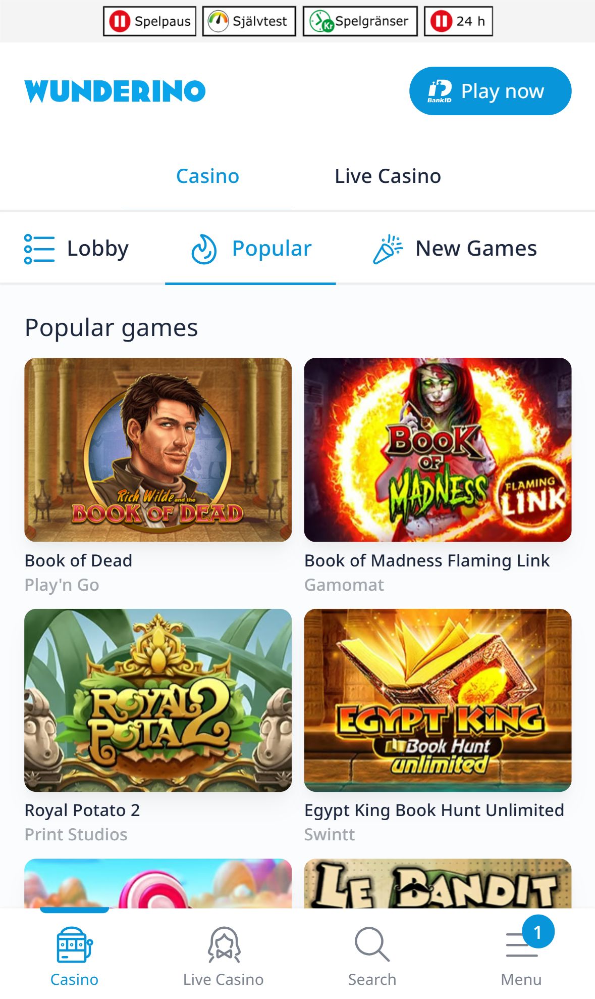 Wunderino — Lobby (Mobile)