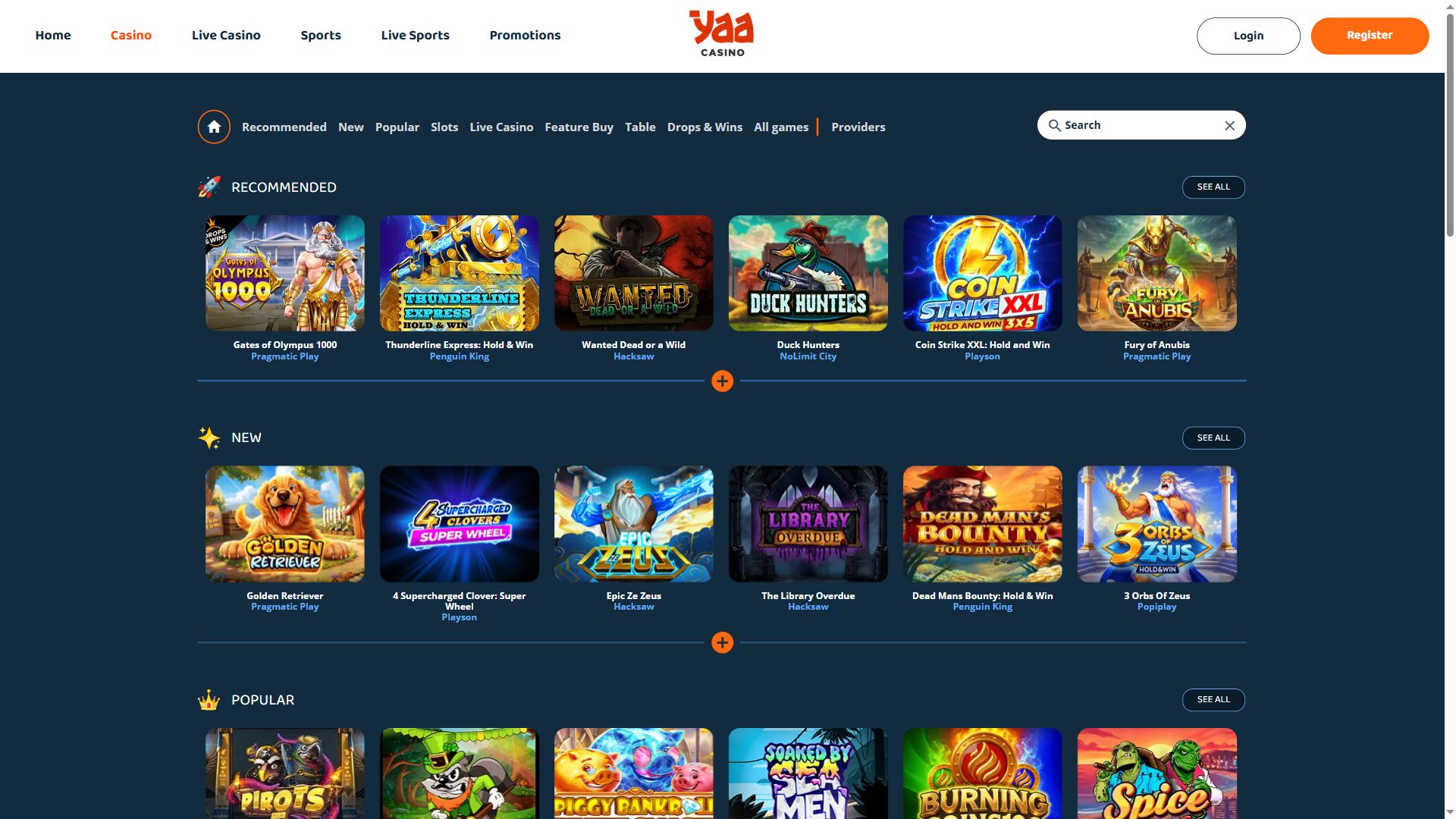 Yaacasino — Lobby (Desktop)