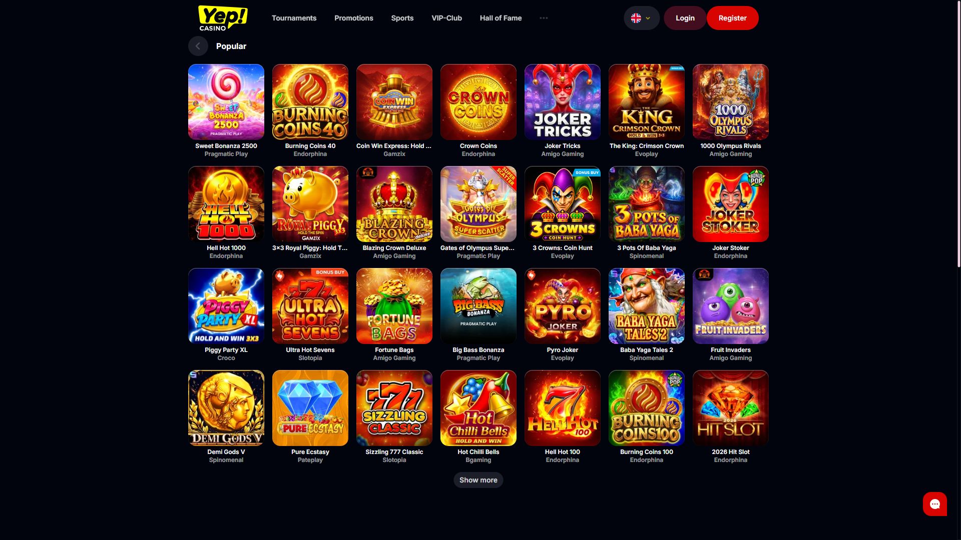 Yep Casino — Lobby (Desktop)