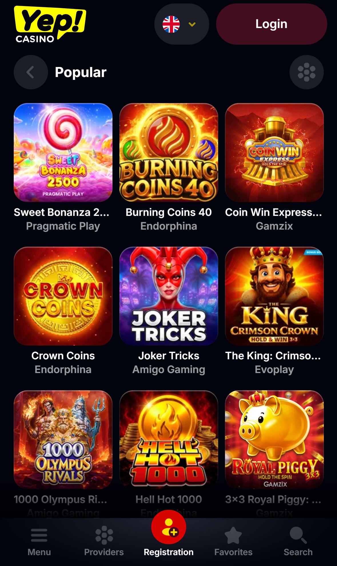 Yep Casino — Lobby (Mobile)