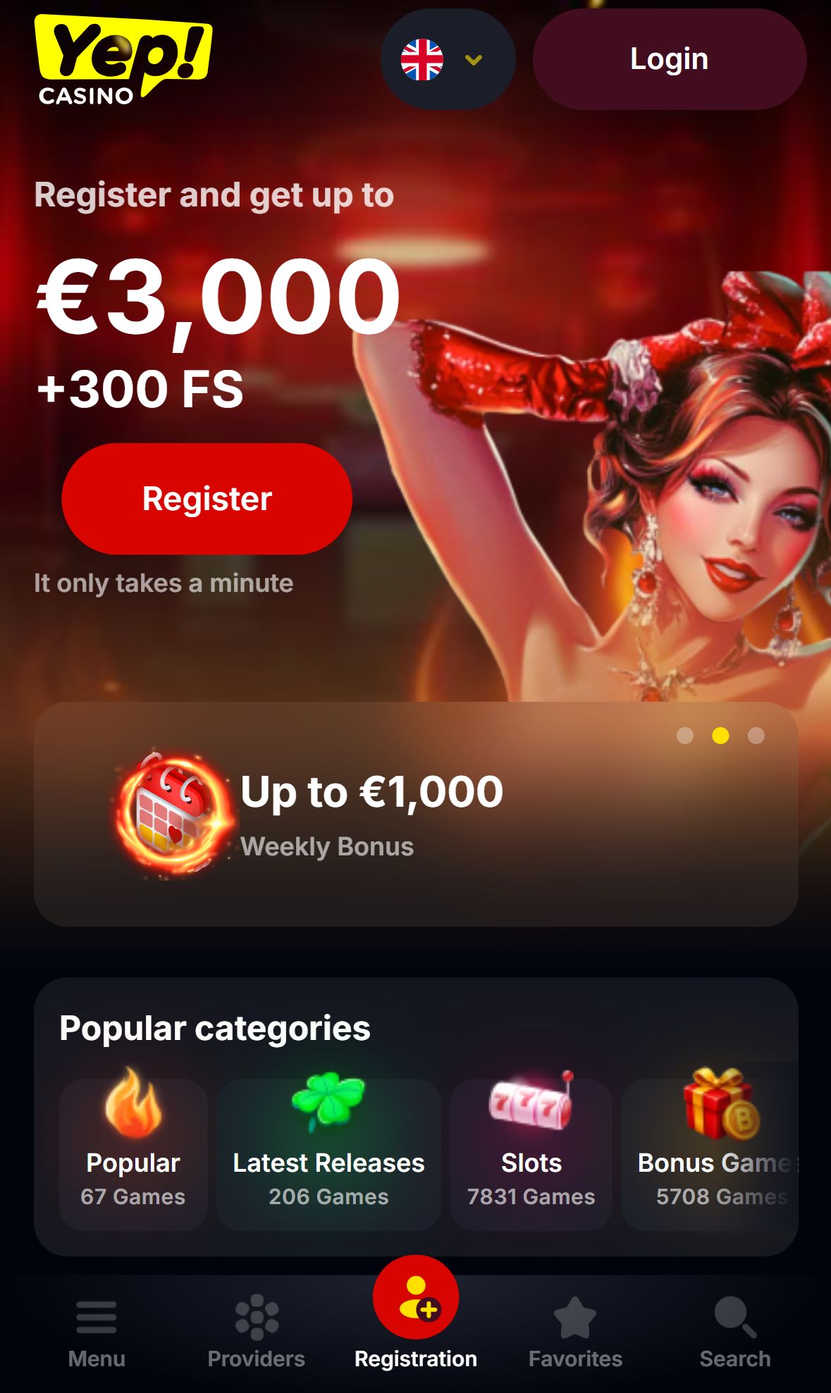 Yep Casino — Homepage (Mobile)