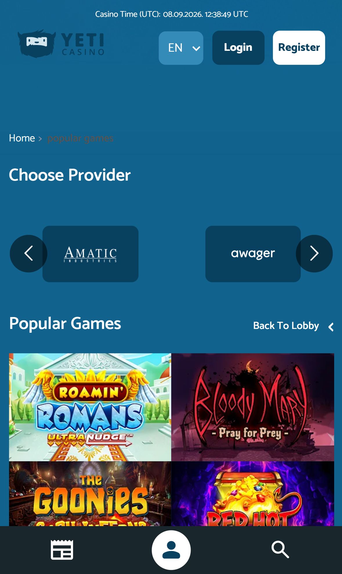Yeti Casino — Lobby (Mobile)