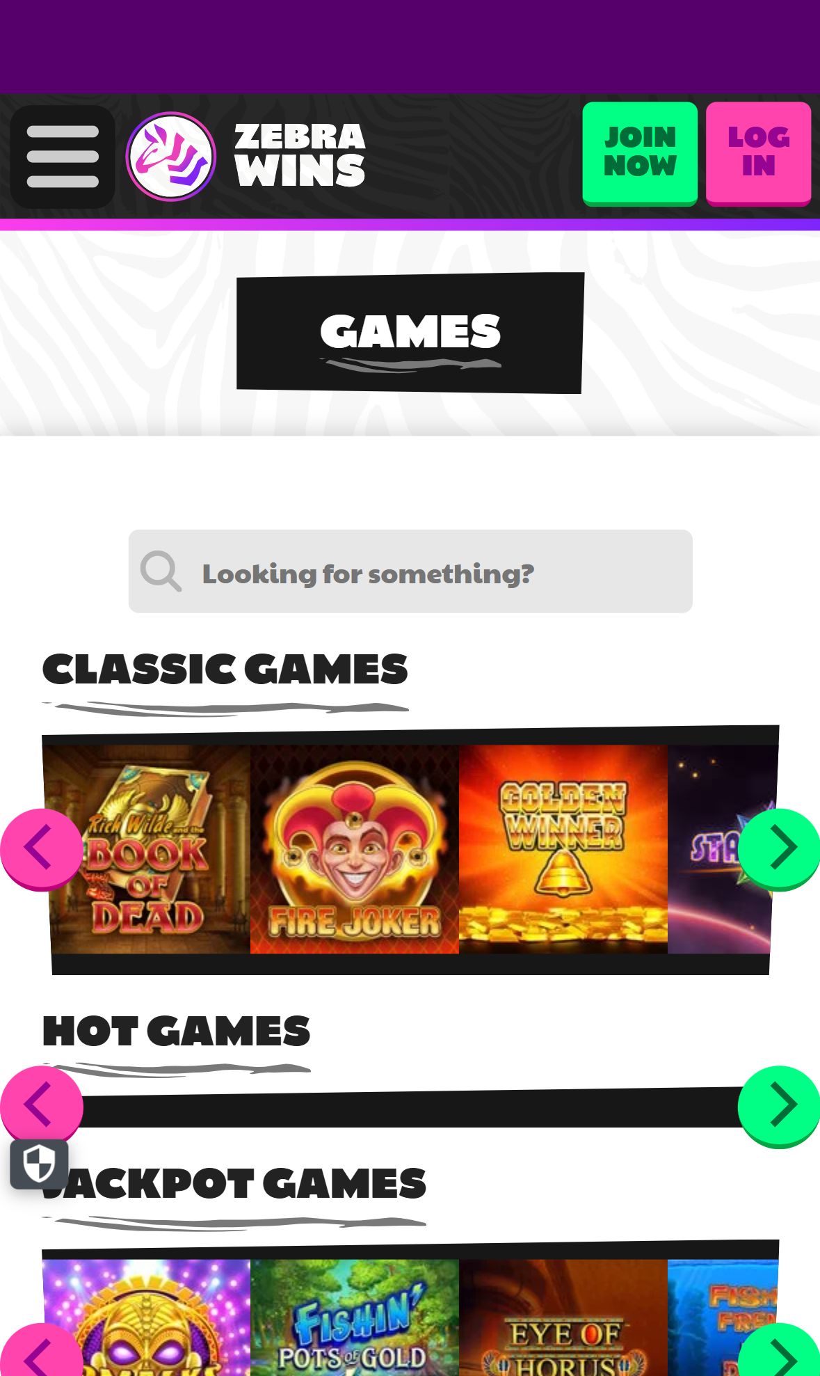 Zebra Wins — Lobby (Mobile)