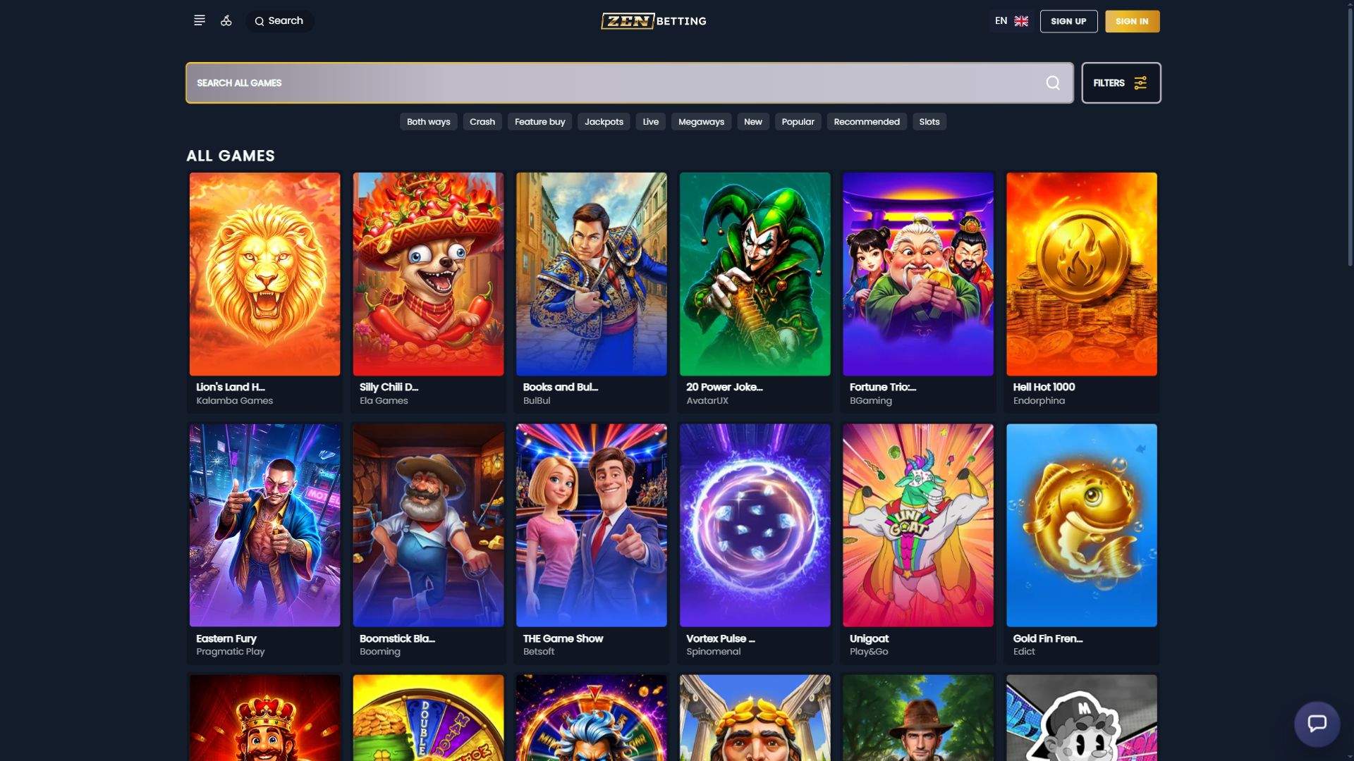 ZenBetting — Lobby (Desktop)