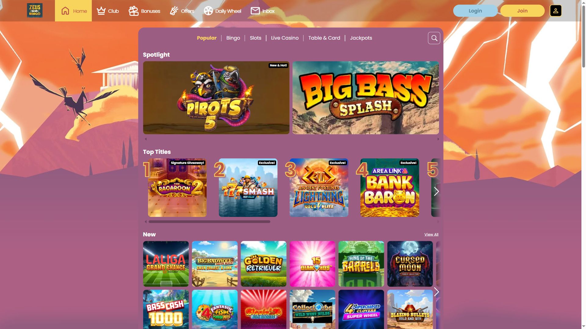 Zeus Bingo — Lobby (Desktop)