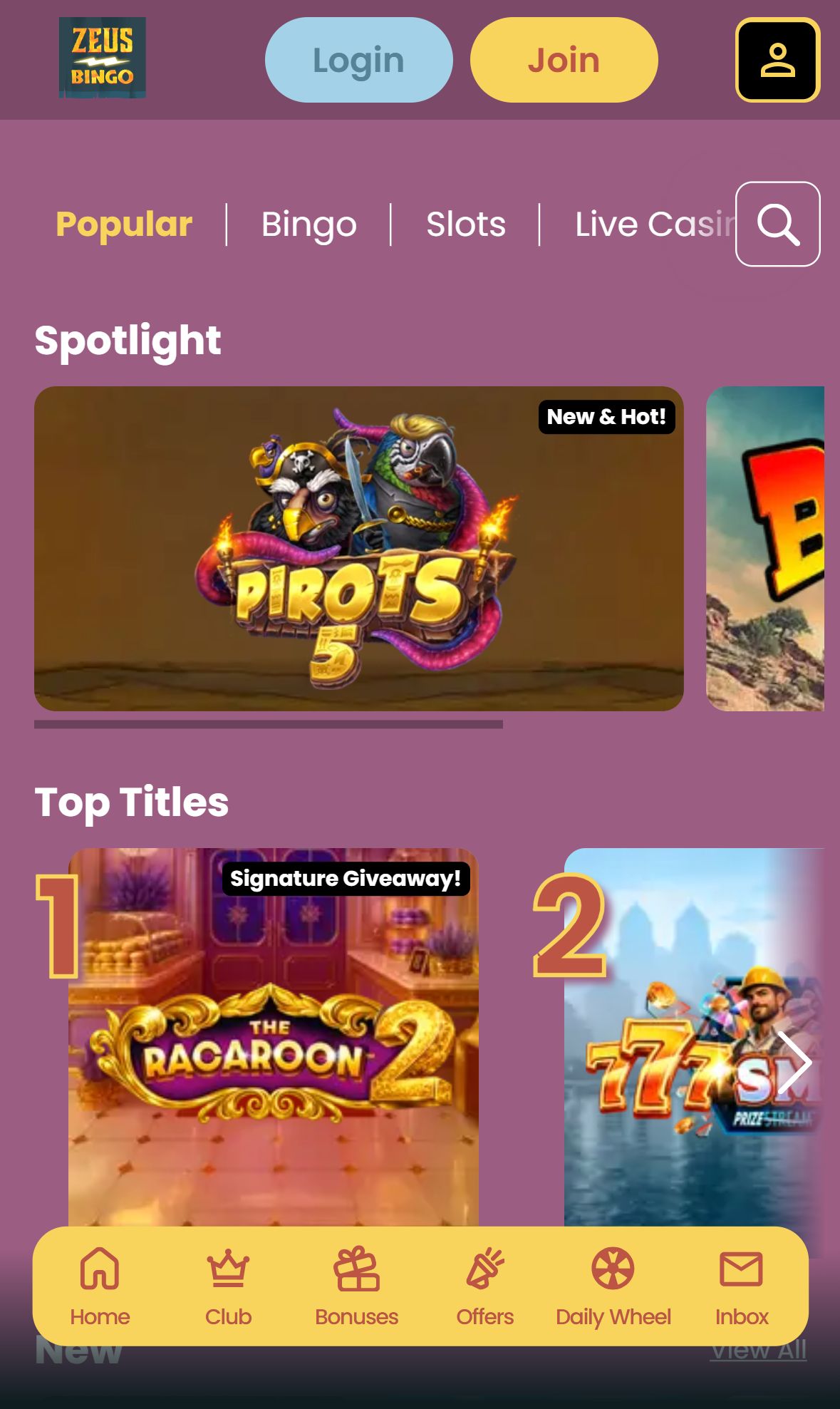 Zeus Bingo — Lobby (Mobile)