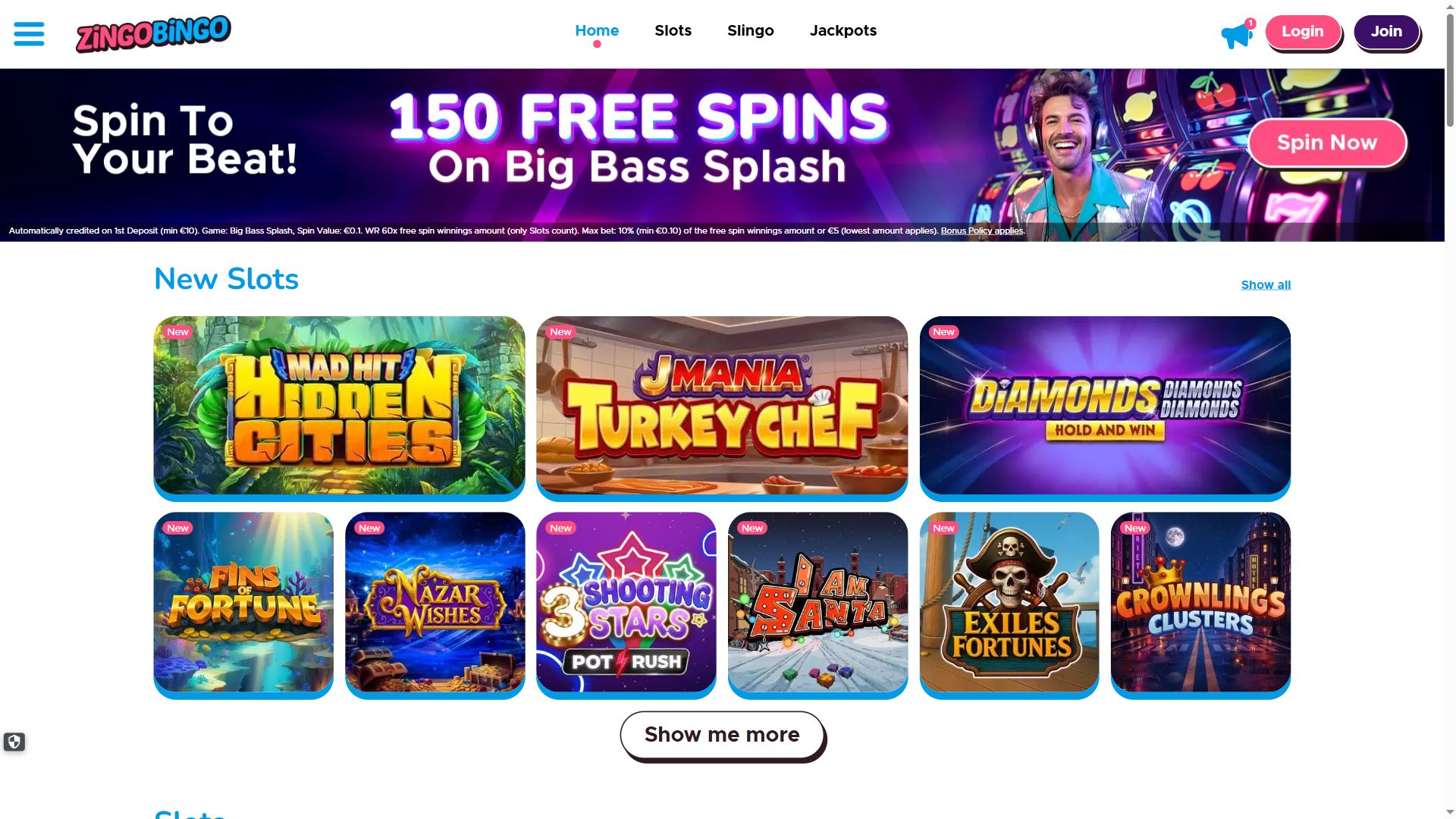 Zingo Bingo — Homepage (Desktop)