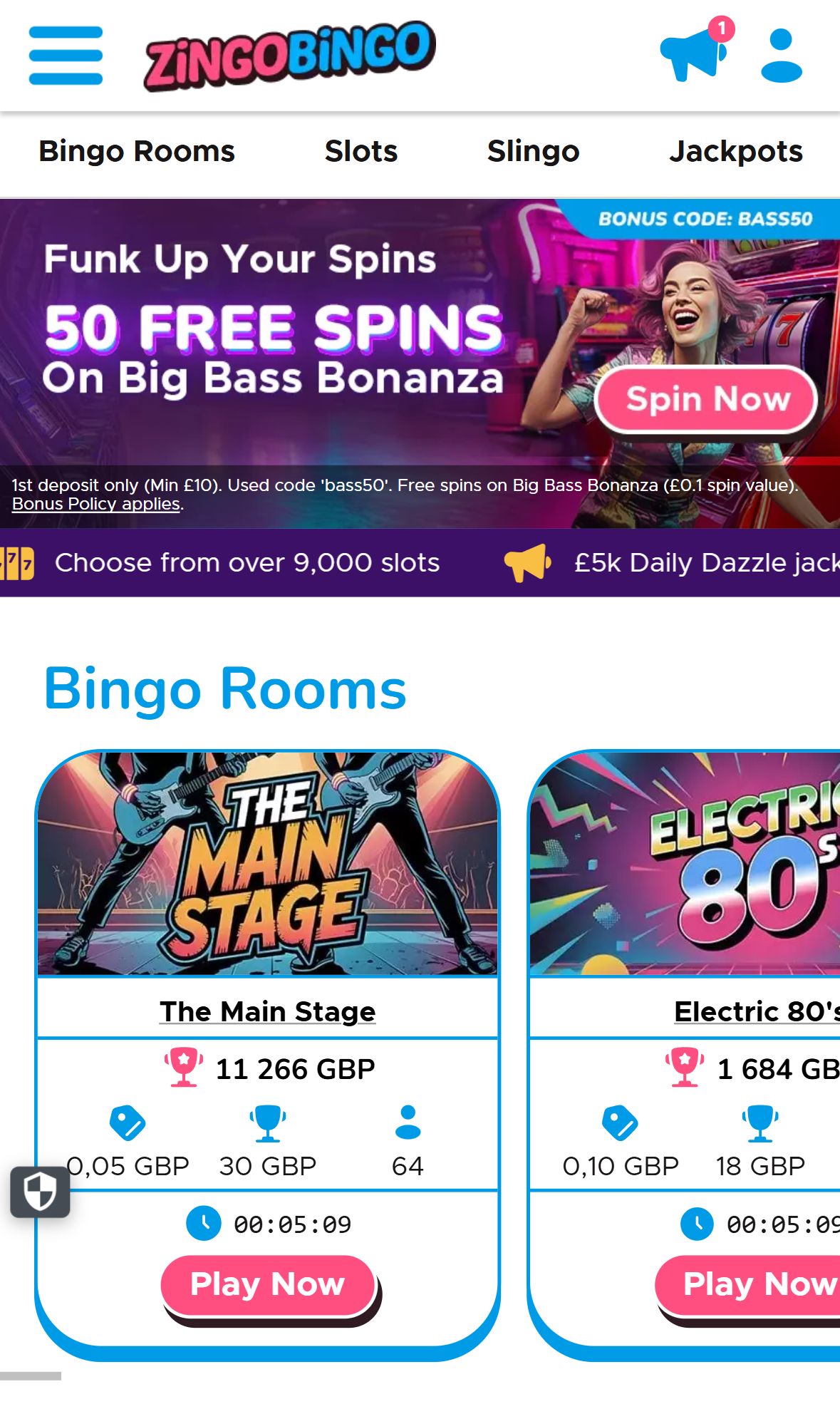 Zingo Bingo — Homepage (Mobile)